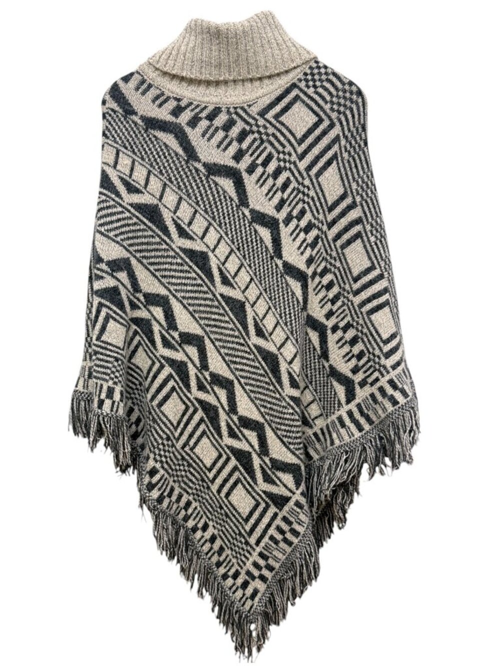 METRIC Poncho Sweater Size M/L Gray Cream Boho Aztec Print Turtleneck Fringe